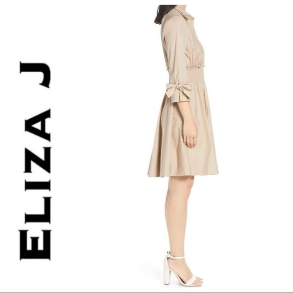 ELIZA J SMOCKED WAIST KHAKI POPLIN SHIRTDRESS - Picture 2 of 8